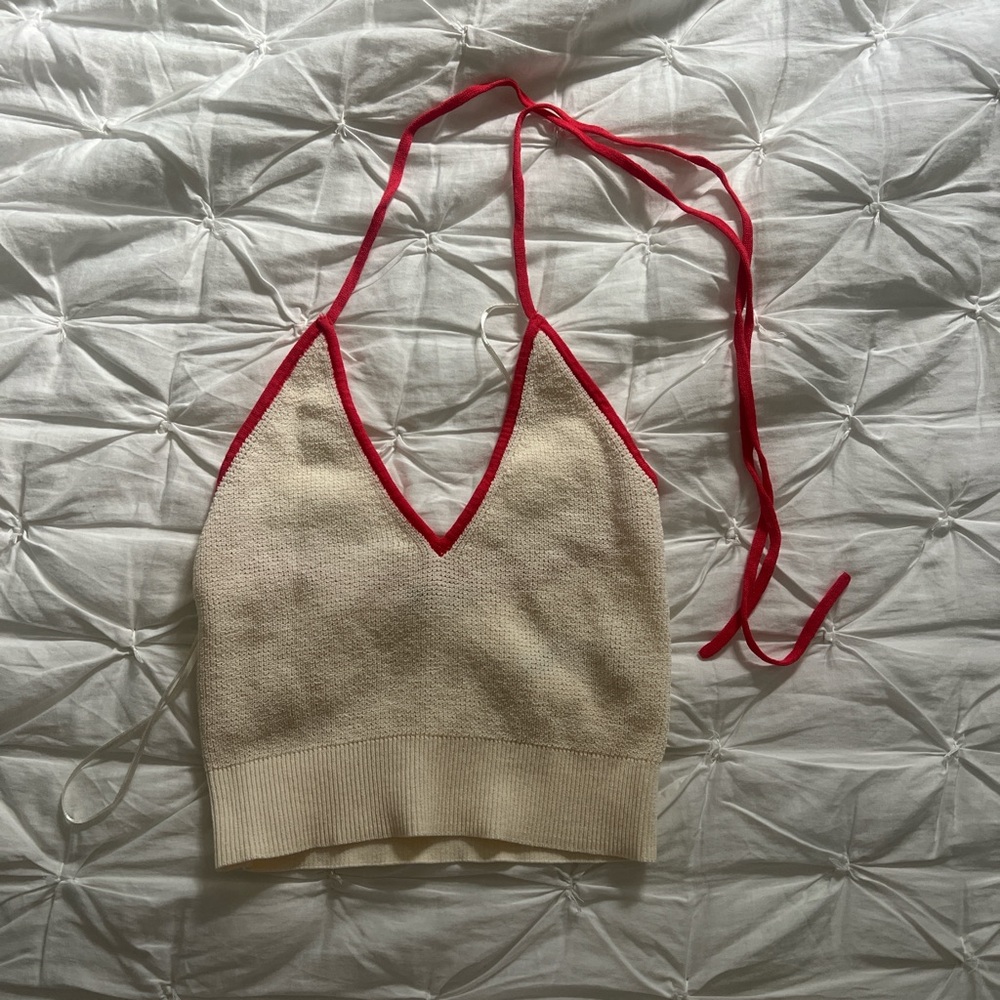 Anthropologie Cream Top with Red Trim